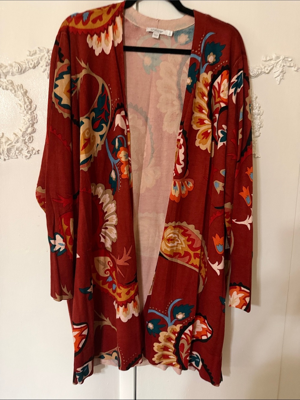 Chico's Rust Orange Teal Floral Paisley Open Cardigan
